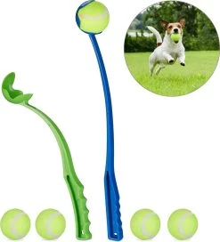 Relaxdays Ballenwerper Voor Honden – 2 Werpstokken + 5 Ballen – Ballengooier – Speelgoed