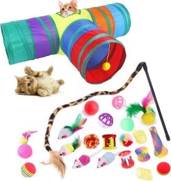 MONTKIARA Kattenspeelgoedset, 22 Stuks Interactief Kattenspeelgoed – Met Kattentunnel Katten Speelgoedmuizen Speelgoed Variety Pack Voor Indoor Kitty