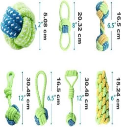 Honden Speeltjes – Honden Speelgoed – Speeltouw – Trektouw – 100% Katoen – 7 Stuks – Groen, Blauw