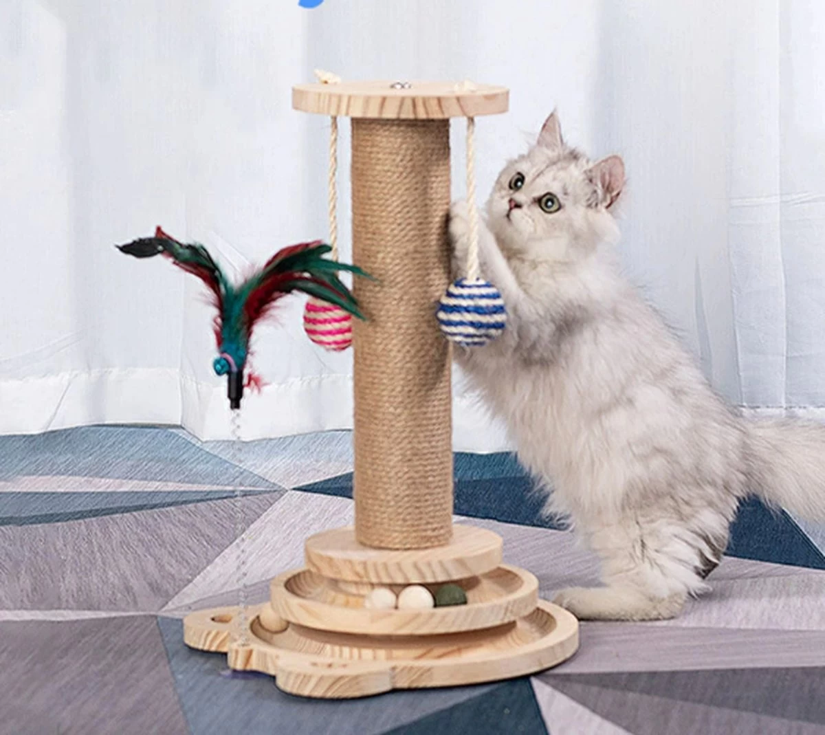 Multi Functionele Krabpaal Met Houten Voetstuk Met Balletjes – Natuurlijk Design – Interactief Speelgoed Voor Dieren –