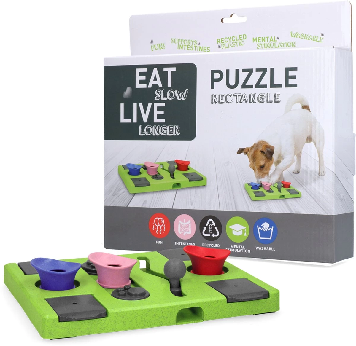Eat Slow Live Longer Puzzel Rectangle – Intelligentie Speelgoed Voor Honden – Interactief Hondenspeelgoed – Uitdagende Hondenpuzzel – Gerecyclede Materialen – Te Vullen Met Snacks – 25x26x5 Cm – Groen 3 Eat Slow Live Longer Puzzel Rectangle – Intelligentie Speelgoed Voor Honden – Interactief Hondenspeelgoed – Uitdagende Hondenpuzzel – Gerecyclede Materialen – Te Vullen Met Snacks – 25x26x5 Cm – Groen