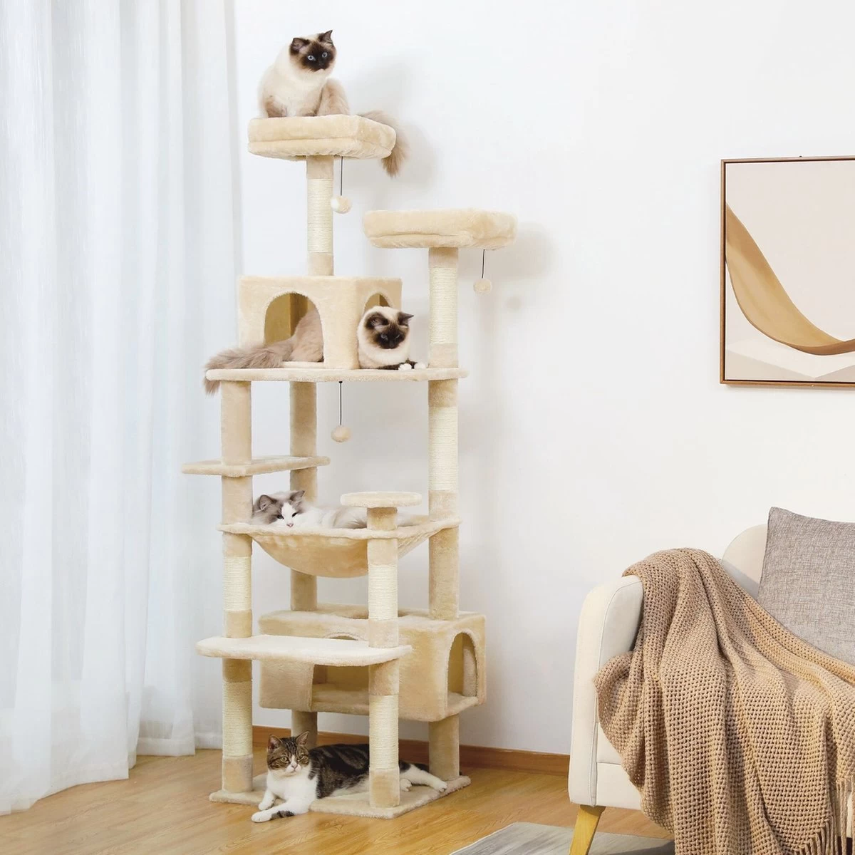 Krabpaal – Luxe Krabpaal Voor Katten – XXL – Katten Speelgoed – Beige – Kattenklimframe – Katten Accessoires – Eenvoudig Te Installeren