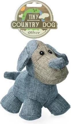 Country Dog Tiny Oliver – Honden Speelgoed – Honden Speeltje Met Piepgeluid – Honden Knuffel Gemaakt Van Duurzame Materialen – Dubbel Gestikt – Extra Lagen – Voor Trek Spelletjes Of Apporteren – Blauw/Grijs – 16x19cm