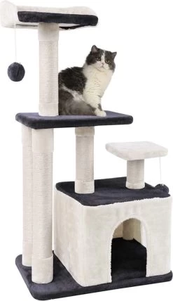 MC Star Stabiele Krabpaal, Kattenboom, Kattenkrabpaal, Tweedeurs, Hol, Speelhuis, Meerdere Platforms En Speelgoed, Pluche Ballen Met Klokken, Klimboom Voor Katten Middelhoog 100 Cm, Grijs En Beige