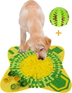 Snuffelmat Hond 70x70cm Inclusief Rubberen Massage Bal & E-book – Speelmat Hond – Denkspel Hond – Honden Speelgoed – Anti Schrok Mat – Voedingsbal – Honden Snoepjes – Cadeau Tip